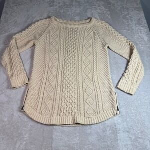 LL Bean Signature Women's M Cream 100% Cotton Cable Knit Side Zip Sweater S
